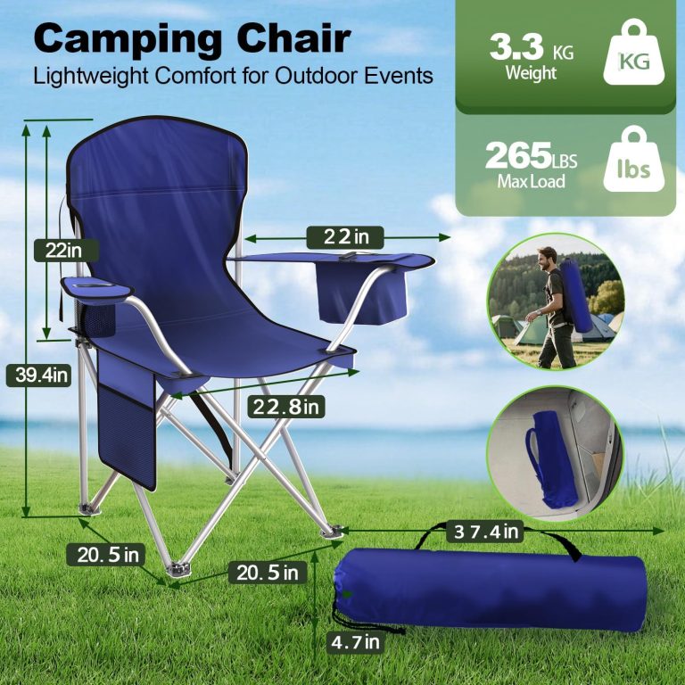 Folding Camping Chairs Durable 600D Oxford, Portable Outdoor Chair with Cooler Pouch, Cup Holder & Storage Pocket for Camping, Beach, Fishing